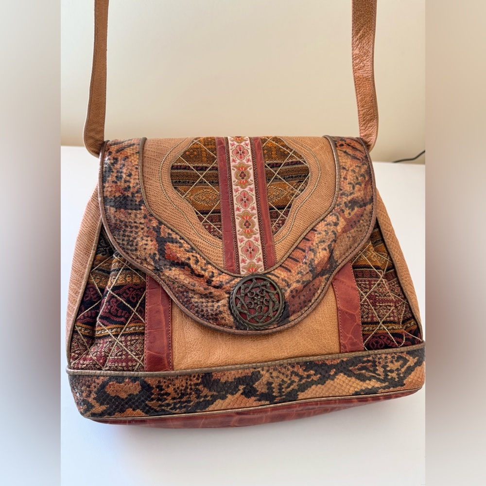 Sharif Mixed Media Snakeskin, Leather and Fabric Patchwork Crossbody Vintage - Picture 1 of 16